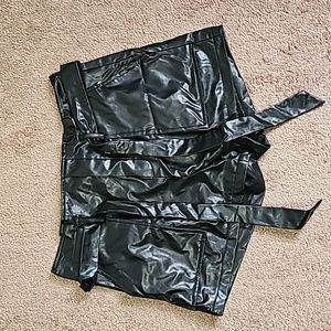 SHEIN Frenchy Paperbag Waist Belted Slant Pocket PU Leather Shorts